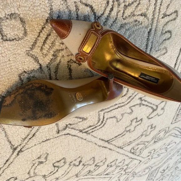 Dolce & Gabbana Logo Heels | Canvas & Leather Pointed Toe Pumps | Size 38.5 - Picture 10 of 15